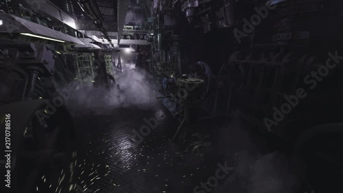 Dim service tunnel shrouded in steam and moisture, valve wheels and bolted flanges line slippery floor, inspection lamp beam cutting through mist as drone