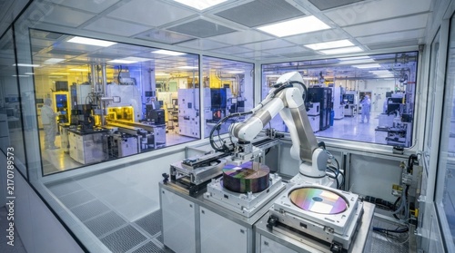 Semiconductor fab with wafer stacks, robotic transfer arm, cleanroom panels, and glowing production interior for corporate technology and microchip manufacturing