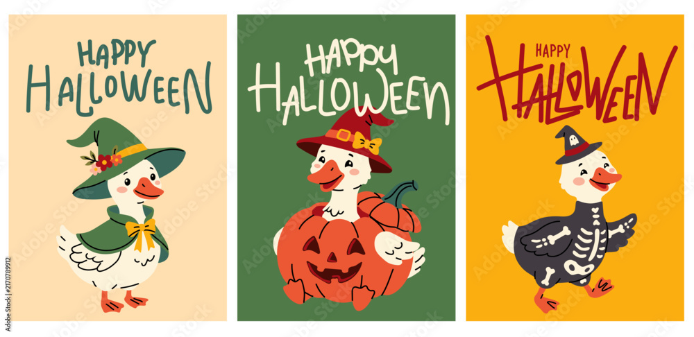 Fototapeta premium Cute Halloween Duck Illustration with Witch Hat Pumpkin and Skeleton Costume