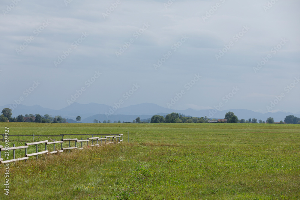 Naklejka premium Expansive green field with a wooden fence, trees, and hazy mountains under a cloudy sky.