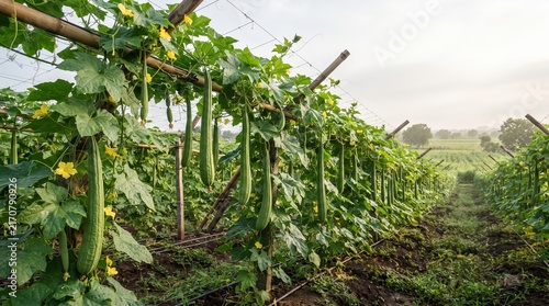 Vibrant loofah gourds growing abundantly on a farm field trellis, showcasing healthy organic cultivation and fresh produce in a rural agricultural setting