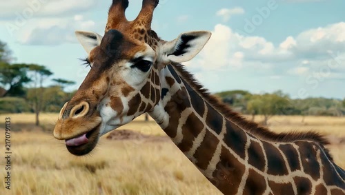Extraordinary 4K Ultra HD extreme close-up footage capturing the long textured tongue of a reticulated giraffe (Giraffa reticulata) during morning sunlight on a African safari ideal for