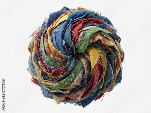 Fabric scraps, textile recycling concept, isolated on white background