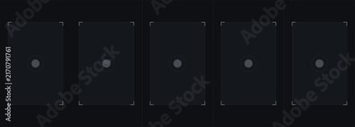 Five identical vertical rectangular frames with central circular target points