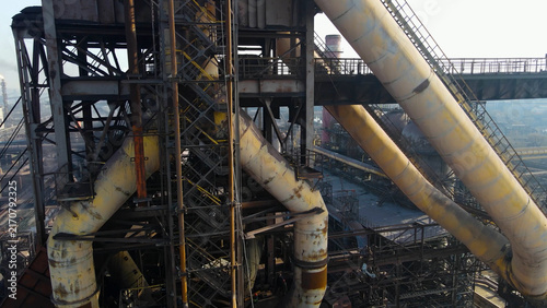 Fotografía Factory, industrial enterprise, metallurgical plant, smoke from chimneys, aerial photography from a drone