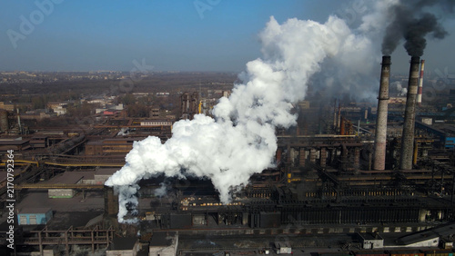 Fotografie Factory, industrial enterprise, metallurgical plant, smoke from chimneys, aerial photography from a drone