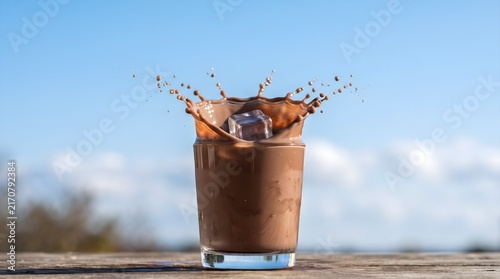 Ice cube splash in chocolate milk glass National Chocolate Milk Day