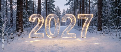 Luminous Ice Numbers 2027 in a Serene Snowy Forest — Massive, translucent numerals spelling “2027” stand in the center of a pristine winter landscape; crafted from what appears to be glowing ice, the 