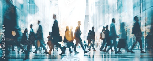 Blurred image of a crowd of people walking through a bright modern building. The image conveys motion and a sense of urgency.
