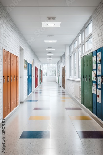 An empty school hallway with colorful lockers on either side and windows at the end