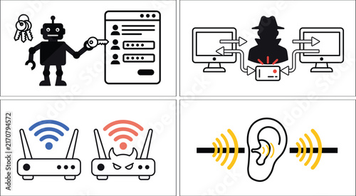 фотографія Cybersecurity threat line icon set, black and white outline illustrations of pas