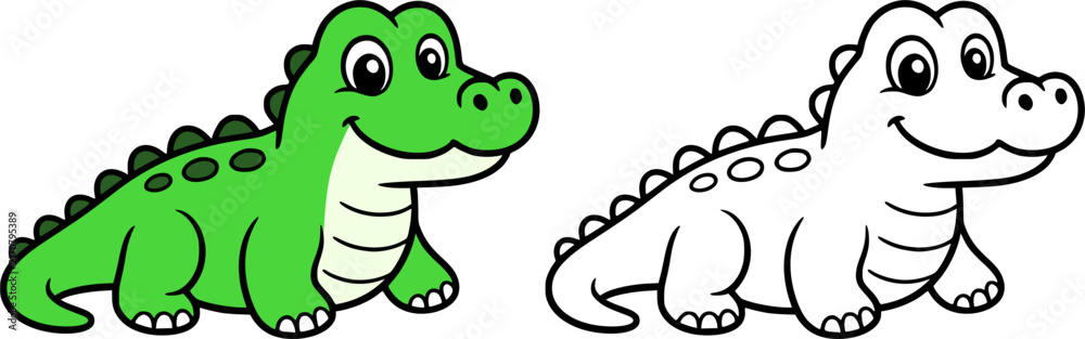 Fototapeta premium Crocodile illustration icon in line art style and colored, coloring page for kids