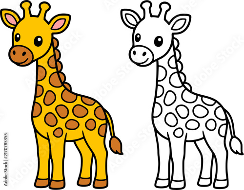 Giraffe illustration icon in line art style and colored, coloring page for kids