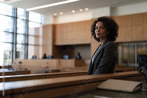 A determined lawyer gazes thoughtfully out of the courtroom window, contemplating the challenges ahead with a focus on justice and professionalism in the legal field.