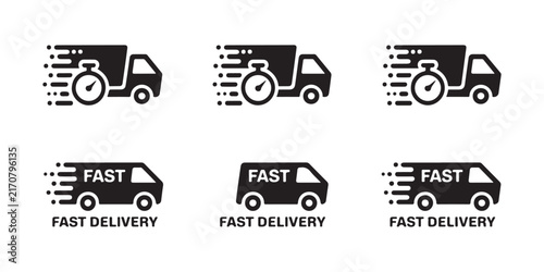 Foto Fast delivery truck and van icons in black silhouette with stopwatch and speed lines on transparent background