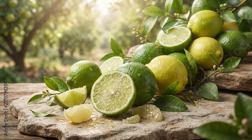 Harvest of fresh green limes and yellow lemons on a rustic stone plate in a sunlit orchard