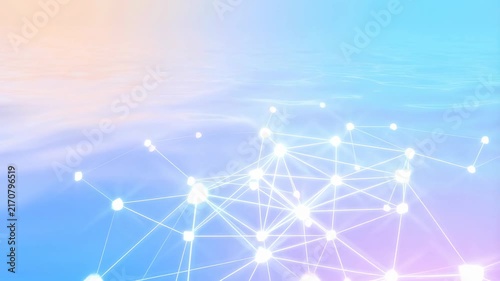Glowing network nodes pulse and connect dynamically with flowing lines over a soft gradient background. Smooth animated scene for technology presentations and digital backgrounds.