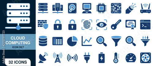 Cloud Computing Icon Set with Server, Security, and Network Symbols