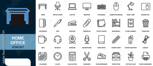 Home Office Icon Set with Desk, Chair, Laptop, Monitor, Keyboard
