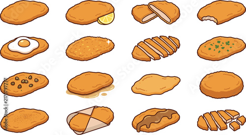 Breaded Cutlet Schnitzel Icon Set with Fried, Sliced, Stuffed Chicken, Lemon, Egg, Sauce, and Herb Toppings for Restaurant, Menu, and Food Designs