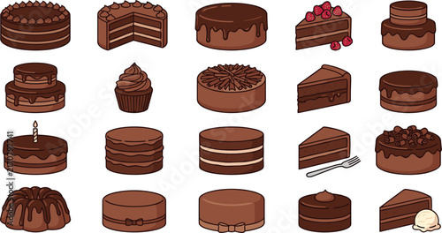 Chocolate Cake Icon Set with Layered, Sliced, Frosted, Cupcake, Bundt, and Berry Toppings for Bakery, Birthday, and Dessert Menu Designs