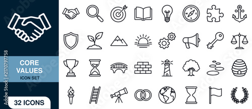 Core Values Icon Set with 32 Minimalist Line Icons Featuring Business, Teamwork