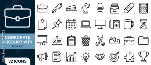 Corporate Productivity Icon Set with 32 Icons. Business Tools and Office