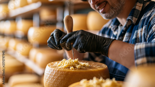 Artisan cheesemaker in clean black latex gloves drawing a thin sample with a cheese trier from a large aging wheel to check ripeness, close medium shot capturing texture and aroma-