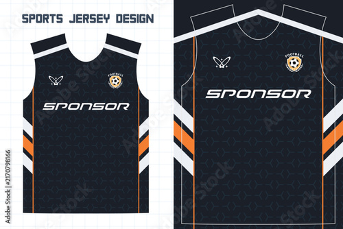 Modern dark football jersey template with orange and white side stripes