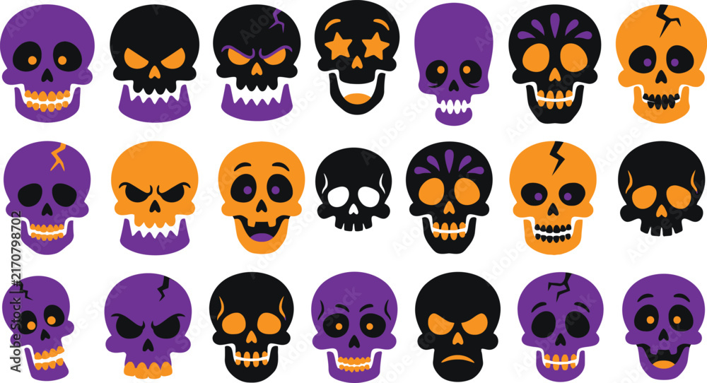 Obraz premium A spooky collection of vibrant colorful skulls perfect for halloween decorations and eerie festive designs