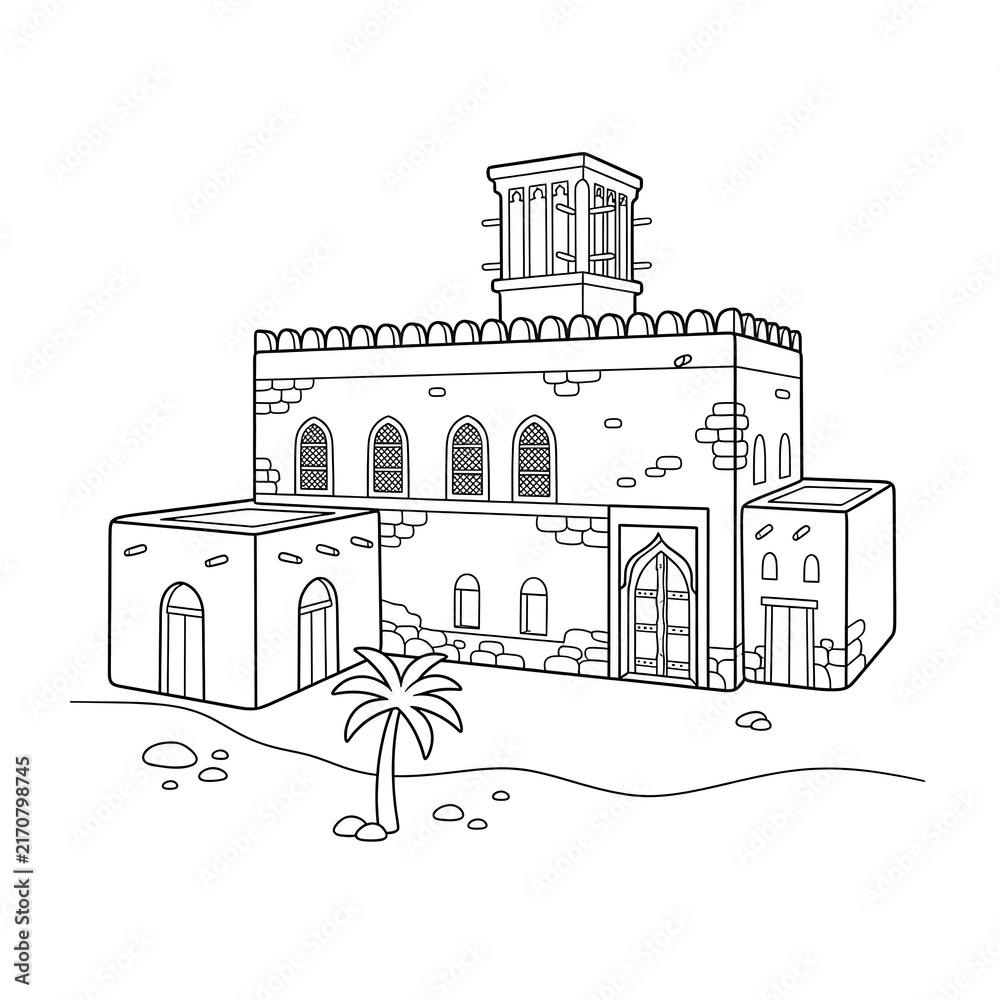 Fototapeta premium Zubair Museum Oman Black Outline Coloring Illustration