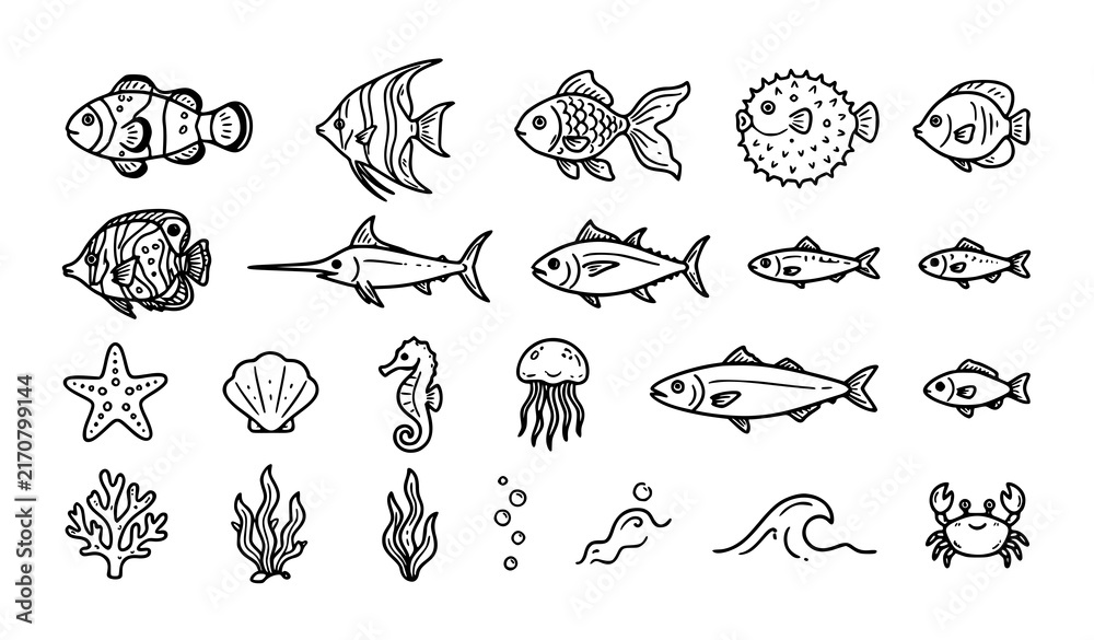 Obraz premium Hand Drawn Fish Doodle Icon Set with Cute Ocean Sea Life Sketches