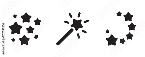 Фотография Magic wand with flying stars black vector icons set for fairytale wizardry spell and imagination themes