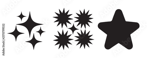 Varied flat star and sparkle vectors in black color for retro graphic design layouts and cartoon elements.