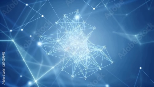Glowing network of interconnected nodes and lines rotates and pulses on a blue gradient background. Design backdrop with rotating, glowing light and layered depth.