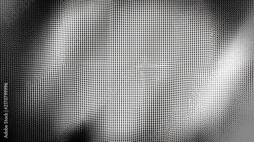 Black halftone dots shift and morph across a white to gray gradient background forming dynamic moving patterns. Animated background combines gradient shading with layered depth.