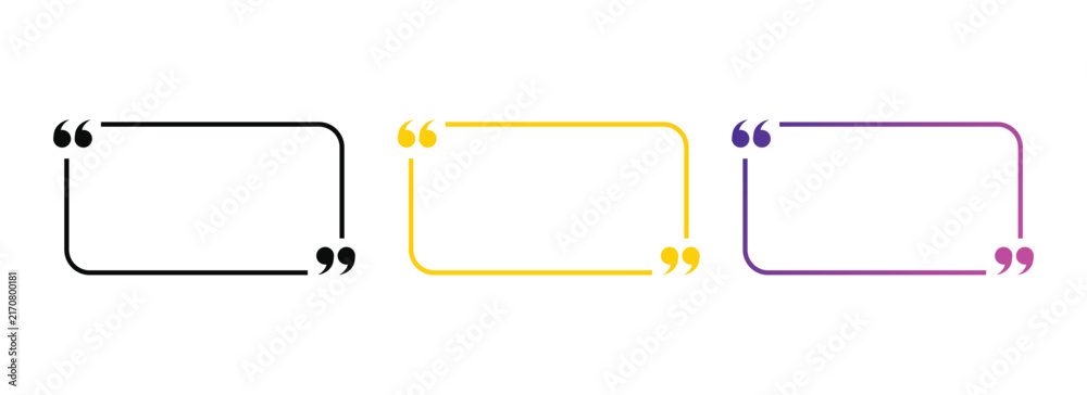 Naklejka premium quote box icon set. rounded rectangular speech bubble symbols with quotation marks in black yellow and purple.