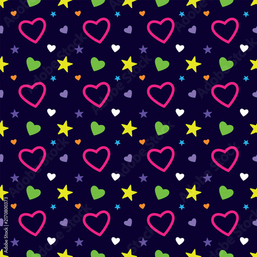 Seamless Baby Bright Pattern with Hearts and Stars on Blue Background