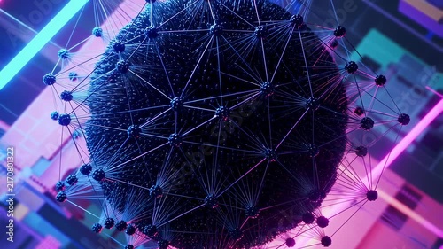 Rotating black spherical network with glowing blue, purple, pink, and cyan nodes connected by shifting lines. Animated scene combines sphere and nodes with glowing light.