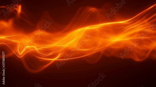 Glowing orange light waves flow and pulse horizontally over a dark background with undulating strands. Animated texture shows lines and waves with flowing movement.