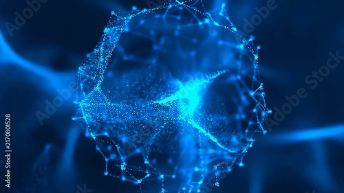 Rotating and pulsing digital sphere composed of glowing connected particles and lines in a dark abstract background. Animated texture shows particles and lines with rotating.