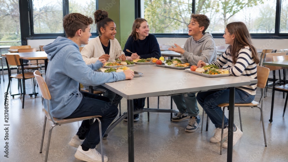 Obraz premium Diverse Teen Students Sharing Lunch and Conversation in Bright School Cafeteria