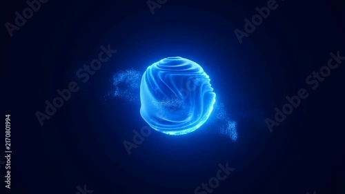 Glowing blue sphere rotates steadily with drifting particle clouds swirling softly on a dark digital background. Abstract backdrop shaped by rotation, energy and digital sphere.