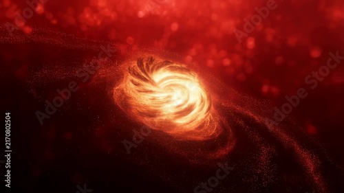 Glowing red and orange particles swirl and pulse around a bright core in a dark abstract digital space. Abstract backdrop shaped by rotation, energy vortex and abstract flow.