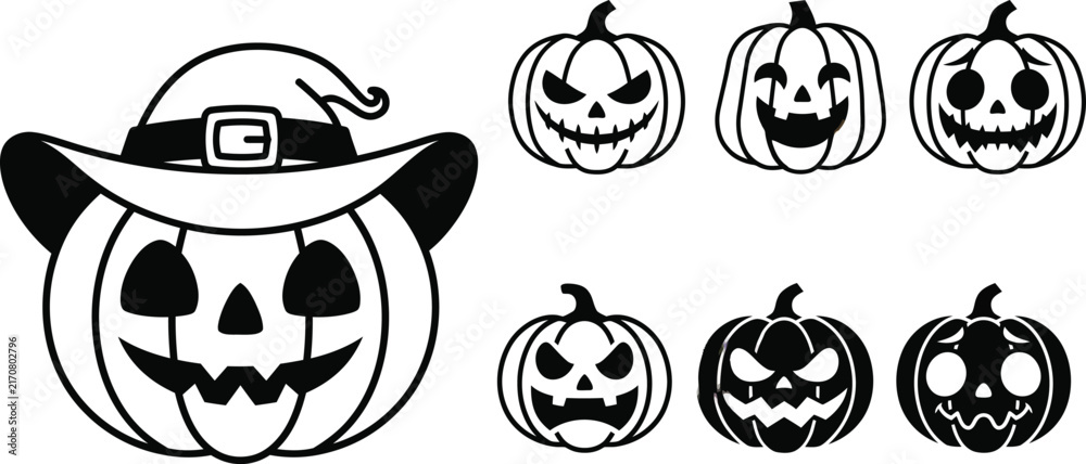Fototapeta premium Halloween pumpkin faces set with witch hat jack o lantern isolated on white background, black and white vector illustration