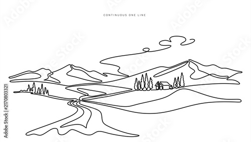 Continuous one line drawing of a landscape with mountains, trees and houses, mountain nature and peace concept, hand drawn vector, ready to use design element
