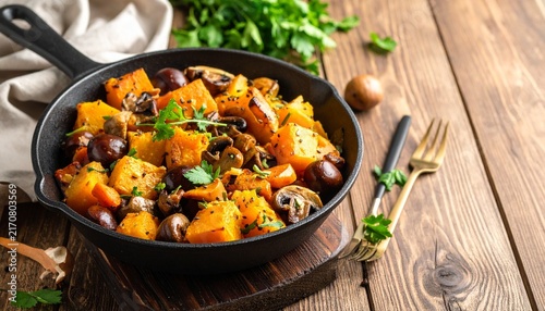 Herbstliche Gemüsepfanne mit Kürbis, Pilzen und Maronen