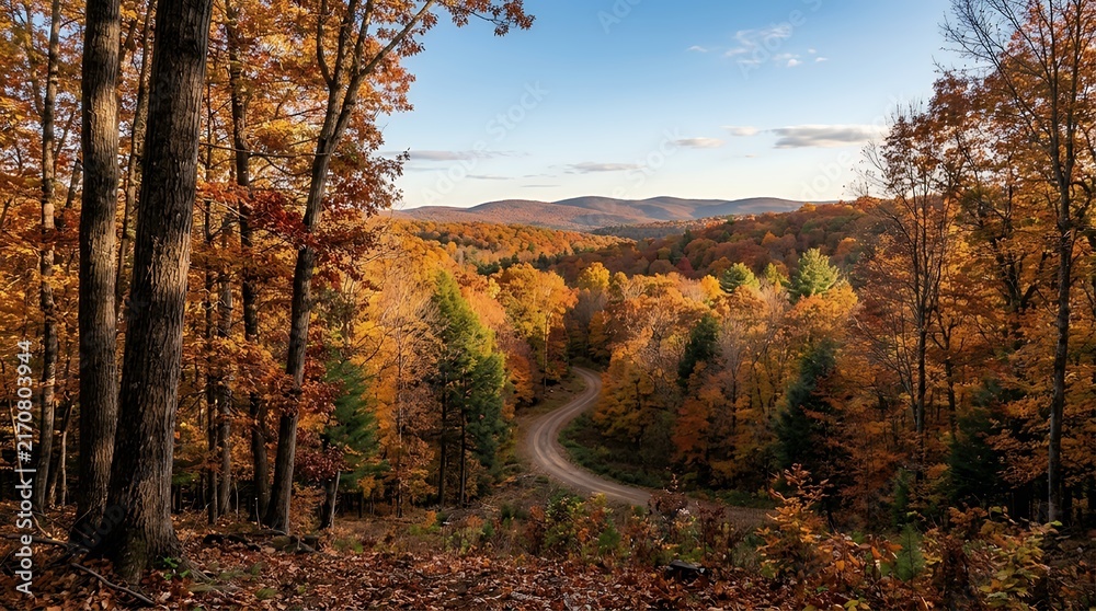 Fototapeta premium Golden canopy vistas within a seasonal timberland landscape during late year transformation. Vibrant foliage showcasing warm amber orange and crimson hues across forest trees. autumn forest
