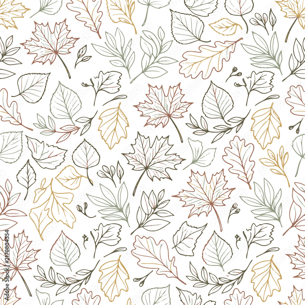 Fototapeta premium Fall Seamless Pattern of Outline Hand drawn Autumn Leaves in Various Colors