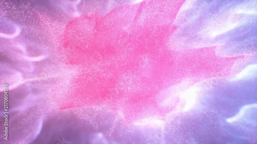 Pink and purple glowing particles flow outward through swirling misty clouds on a dark background. Animated scene combines particles and glowing mist with light.